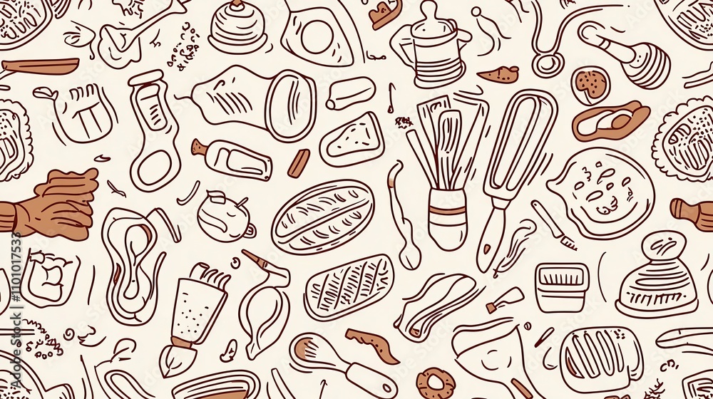 Fototapeta premium A whimsical illustration of various cooking utensils and ingredients, creating a vibrant culinary scene.