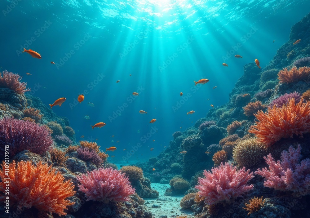 Fototapeta premium Vibrant underwater coral reef full of colorful fish and sunlight beams