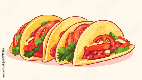 Spicy Mexican tacos with tomatoes, ready to eat.  Great for posters, flyers, or signs. photo