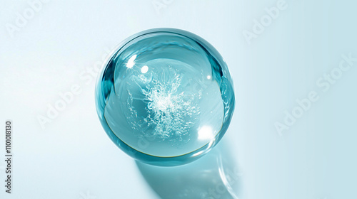 Turquoise green molecules, glass bubbles, , cosmetic moisturizing water molecules, Cosmetic essence, liquid oil foam, glass texture, 3D rendering