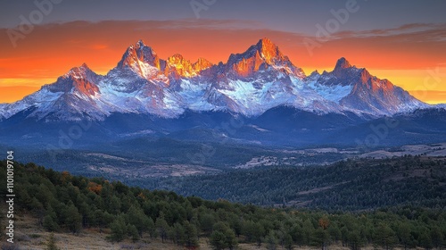 Majestic mountain landscape at sunset with snow-capped peaks and lush foreground.