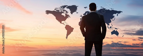 Business sales prospecting analytics concept. A silhouette of a man gazes at a world map against a vibrant sunset, symbolizing global connection and exploration.