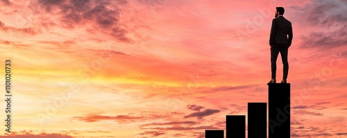 Business sales prospecting analytics concept. A silhouetted figure stands atop ascending bars against a vibrant sunset, symbolizing achievement, growth, and success.
