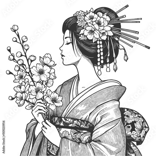 geisha in traditional kimono, surrounded by detailed blooming flowers and foliage sketch engraving generative ai fictional character vector illustration. Scratch board imitation. Black and white image