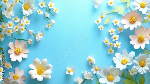 Vibrant array of colorful spring flowers gracefully arranged on delicate paper background, capturing the essence of renewal and natural beauty