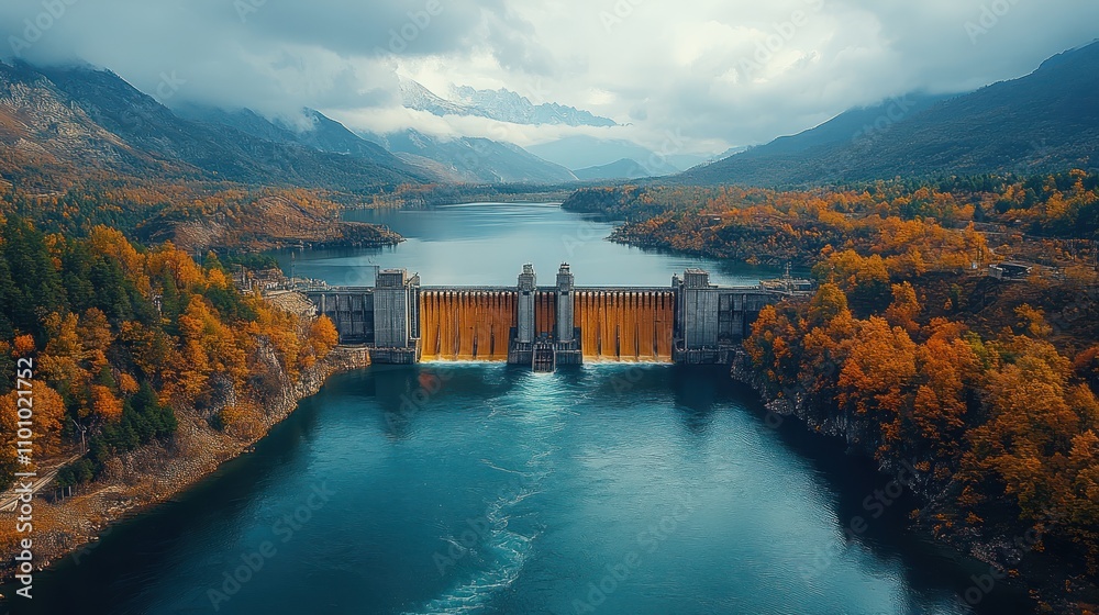 a large hydropower station placed on a river in a scenic valley, with surrounding mountains and wildlife thriving. a large hydropower station placed on a river in a scenic valley, with surrounding mountains and wildlife thriving.
