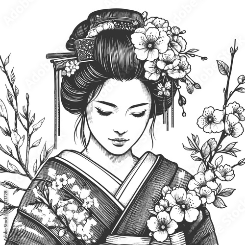 geisha in traditional kimono, surrounded by detailed blooming flowers and foliage sketch engraving generative ai fictional character vector illustration. Scratch board imitation. Black and white image