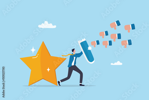 Protect brand reputation, trust or manage negative customer review, feedback or engagement, marketing solution, strategy concept, businessman shield protect star reputation form thumb down feedback.