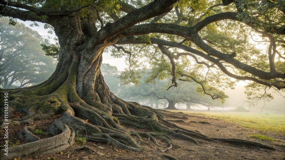 Ancient roots of an oak tree curled around the base of another tree, forest floor, nature Ancient roots of an oak tree curled around the base of another tree, forest floor, nature