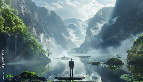 Wallpaper Mural Overlooking a serene lake between misty mountains, a man in a suit stands on a platform. The detailed, foggy landscape creates a peaceful and contemplative scene. Torontodigital.ca