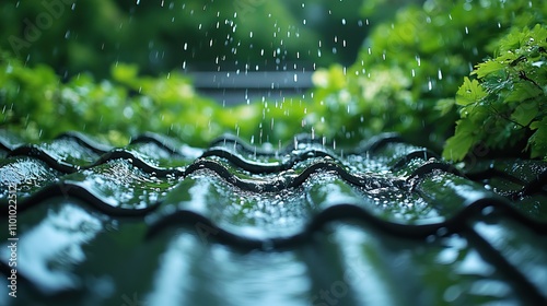 Rainwater trickles down the roof of a home, creating rhythmic drops against the backdrop of blurred greenery, capturing the beauty of nature during a gentle rain. photo