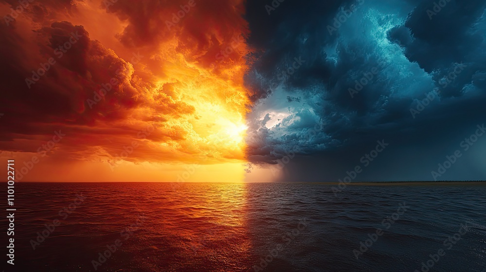 Rapid weather changes are depicted through the contrast of storms and sunny skies. Rapid weather changes are depicted through the contrast of storms and sunny skies.
