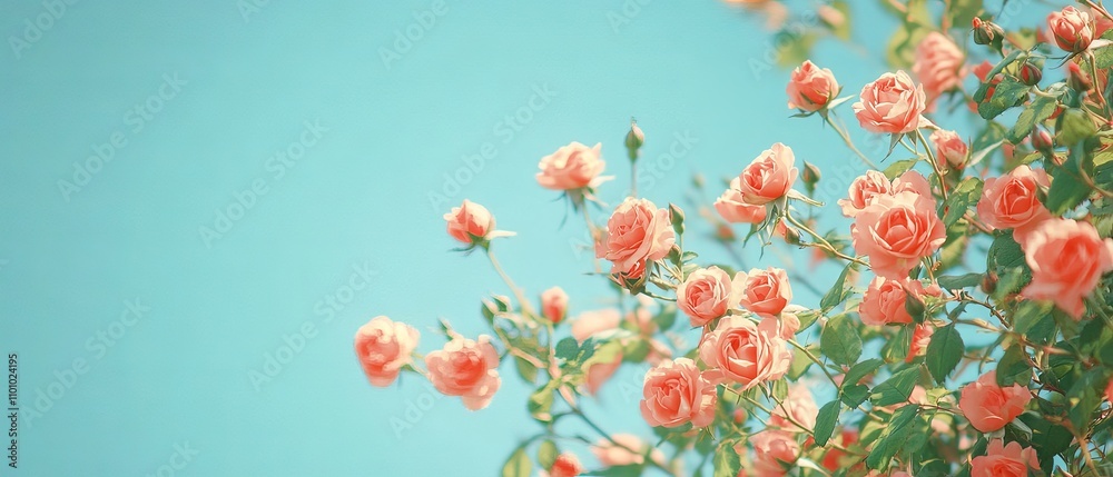 Vibrant spring border with blooming rose bush and soft pink rose hips against a clear blue sky, featuring delicate flowers in full bloom and a fresh seasonal atmosphere Vibrant spring border with blooming rose bush and soft pink rose hips against a clear blue sky, featuring delicate flowers in full bloom and a fresh seasonal atmosphere