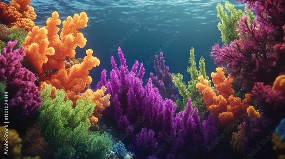 Fototapeta premium Vibrant Coral Reef Underwater Scene with Diverse Marine Life