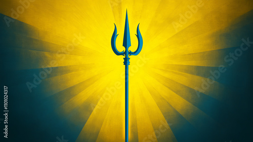 A bright yellow and blue Ukrainian trident, the national symbol, shines.  This design is perfect for posters, banners, or cards.  It's a vector image, easy to edit. photo