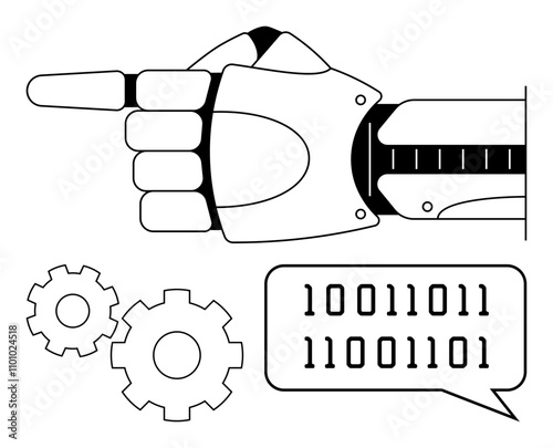 Robotic hand pointing to the left, binary code in speech bubble, and two gears. Ideal for automation, AI communication, machine learning, robotics, technology engineering and futurism themes. Line