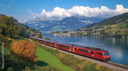 Scenic train traveling along a river with mountains and greenery in the background.