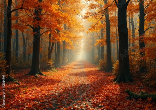 Vibrant autumn forest with bright orange leaves and misty sunlight at dawn