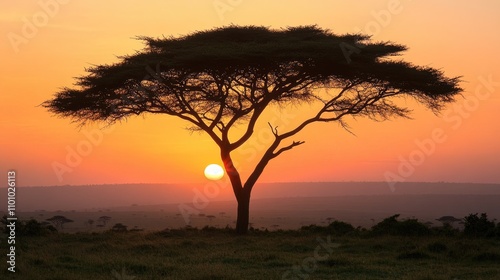 Majestic Acacia Tree Silhouetted Against Vibrant Sunset Sky