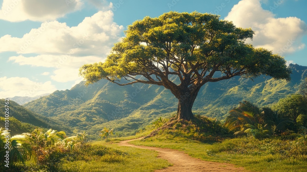 Majestic Green Tree on a Hill Surrounded by Lush Mountainscape Majestic Green Tree on a Hill Surrounded by Lush Mountainscape