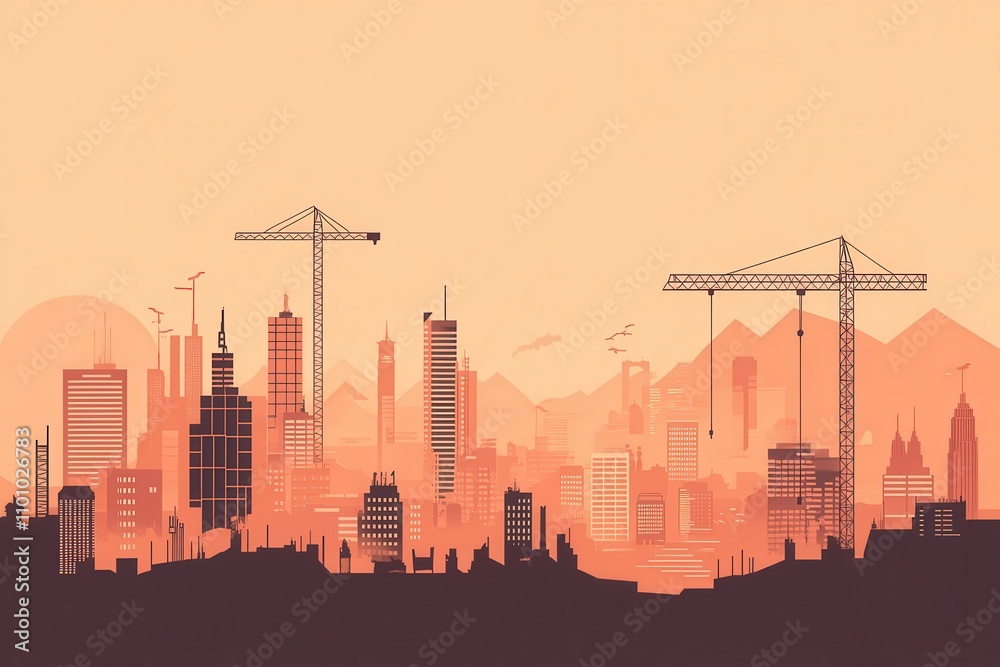 Obraz premium A stylized city skyline under a warm sunset, featuring skyscrapers and construction cranes, symbolizing urban development and growth.