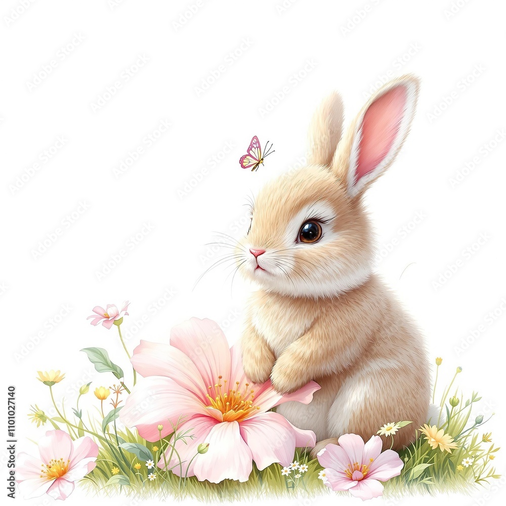 Obraz premium A cute bunny sitting on a flower with a butterfly perched on its head , nature, spring, friendship, cute bunny