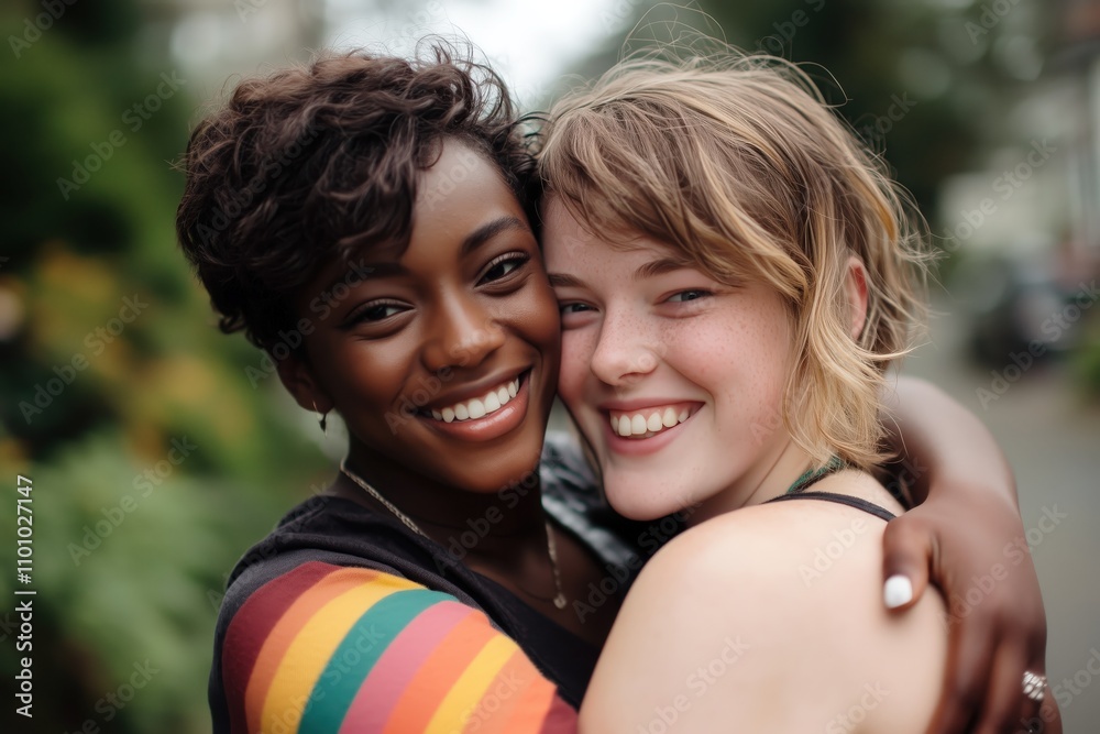Fototapeta premium Beautiful Portrait of Lesbian LGBTQ Couple Smiling and Embracing Outdoors, Celebrating Love, Pride, and Diversity in a Natural Setting