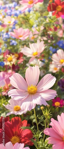 A delicate cosmos flower blossom in a vibrant garden with colorful flowers surrounding it, colorful flowers, garden blooms, floral arrangement