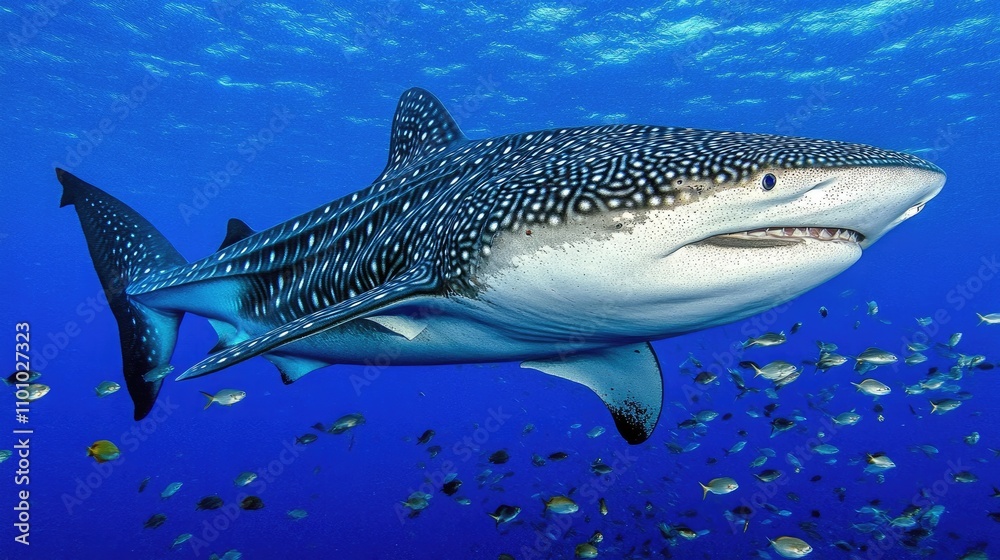 Fototapeta premium Majestic Whale Shark Swimming in Crystal Clear Ocean Waters