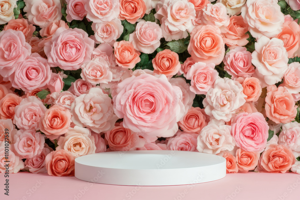 Obraz premium Elegant white podium surrounded by pink roses, ideal for showcasing luxury fashion, beauty products, or Valentine's themes.