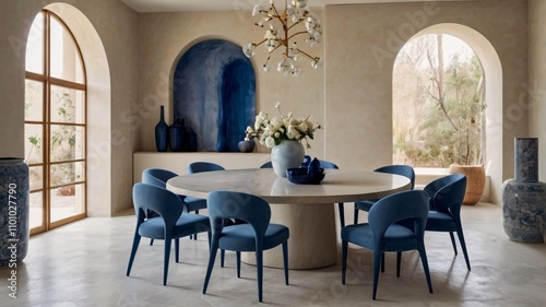 Modern Luxury Dining Room with Blue Velvet Chairs and Art V7