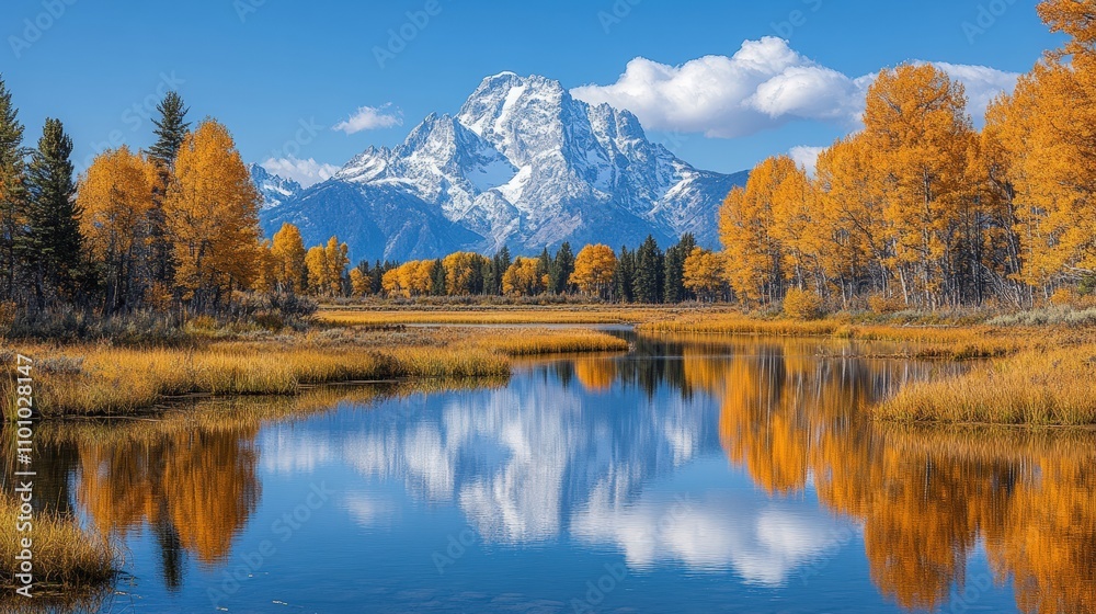 Obraz premium Scenic view of a mountain with autumn foliage reflected in a tranquil lake.