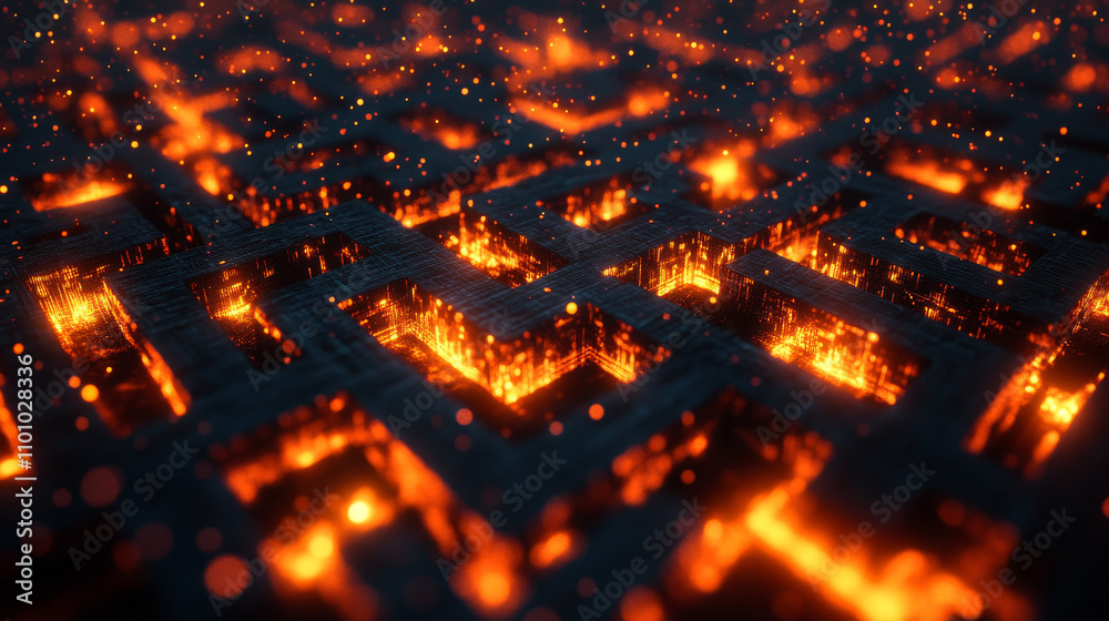 A 3D image shows a glowing maze with fiery effects. A 3D image shows a glowing maze with fiery effects.