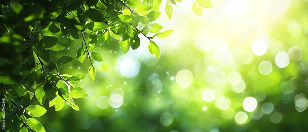 Obraz premium Vector green nature background with bokeh effect, soft summer landscape design featuring blurred light and abstract foliage for eco-friendly and organic themes