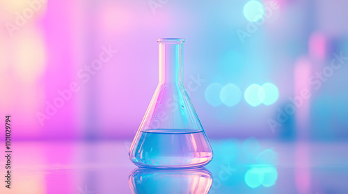 Colorful laboratory flask emitting steam with vibrant background lighting during nighttime experimentation.