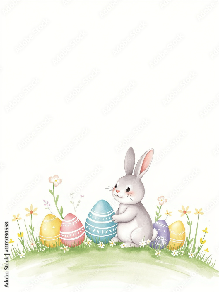 Whimsical Easter Bunny Mockup with Colorful Eggs and Floral Accents