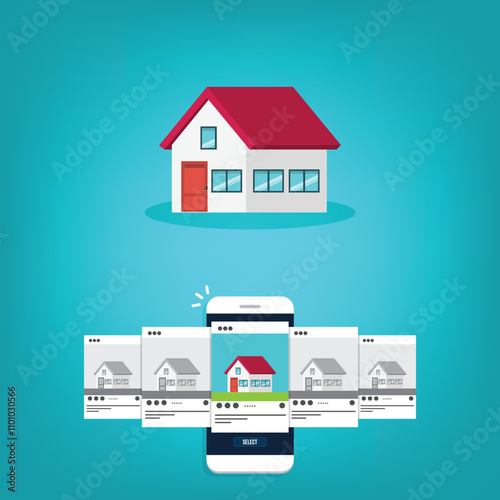 House for rent. Smartphone app with house icons, house for rent or sale ,house selection concept, flat style vector illustration.