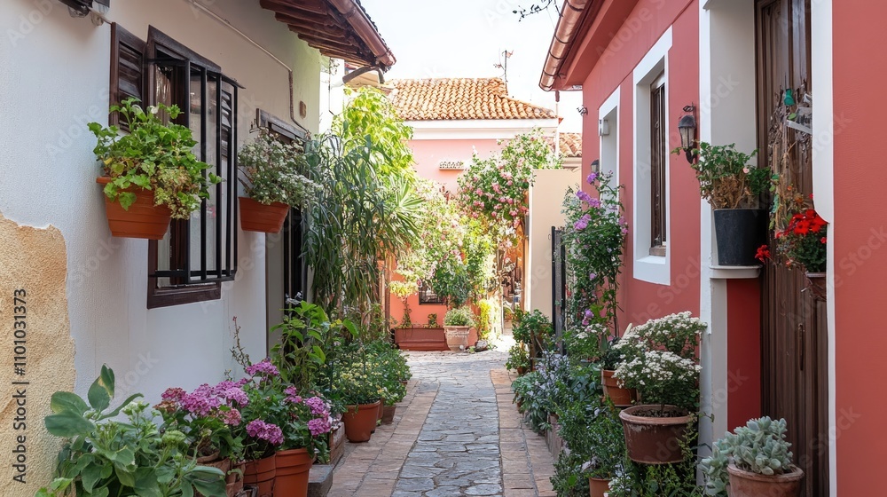 Fototapeta premium Charming Cobblestone Alleyway Surrounded by Colorful Flower Pots