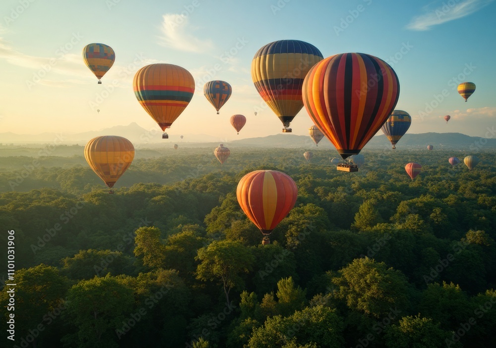 Fototapeta premium Colorful hot air balloons soaring over lush green hills at sunrise