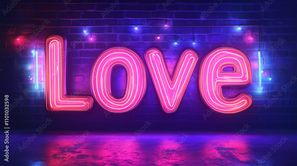 A retro-style Valentine's Day card design. It features glowing neon A retro-style Valentine's Day card design. It features glowing neon