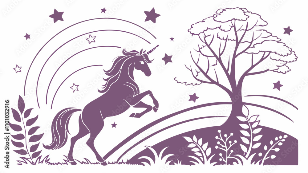Fototapeta premium Purple unicorn in magical forest scene