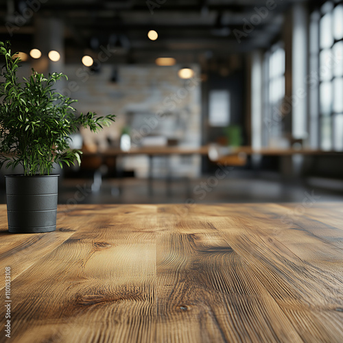 A potted plant sits on a wooden table in a room with a view of the outside. The room is empty, with no furniture or people visible. The plant is the only object in the room