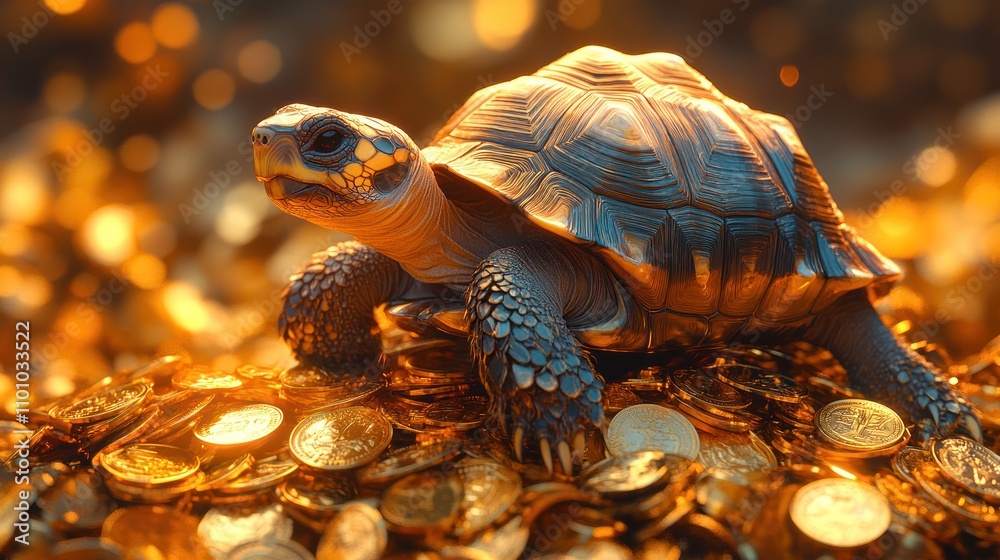 Naklejka premium 4K image of a tortoise climbing a mountain of gold coins, with intricate details on the coins and vibrant textures on the tortoise shell.