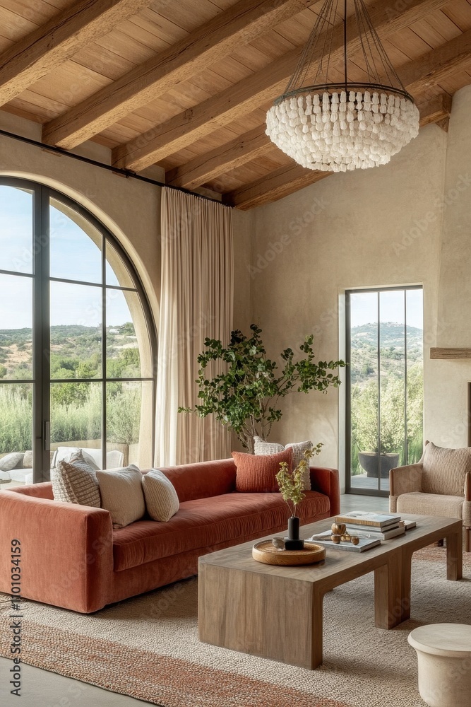 Fototapeta premium Cozy and Inviting Mediterranean-Style Living Room with Stunning Mountain Views