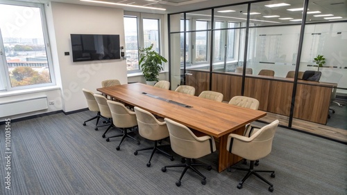 Top view of office meeting room interior with wooden table and chairs in row