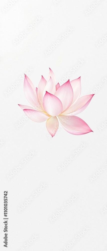A single lotus flower floating on a white background resembling watercolor paper, delicate petals, water lily A single lotus flower floating on a white background resembling watercolor paper, delicate petals, water lily