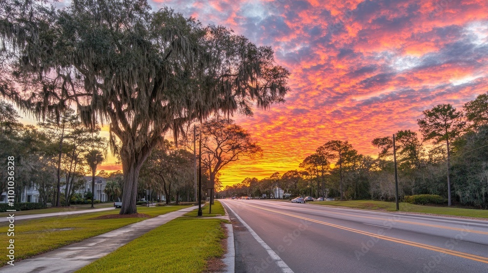 Obraz premium Vibrant Sunset Sky Over Tree-Lined Street in Suburban Landscape