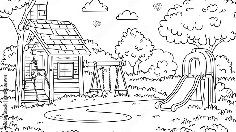Obraz premium A charming cartoon playground for kids to color, featuring a slide, swings, and trees, drawn in a doodle style with clean sick lines, low detail, and no shading