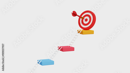 Small steps to success, step by step growth. Business goals, progress, improvement, vision, strategy, achievements, objectives. 3D bars steps with ladders reaching the archery target. 3D illustration photo