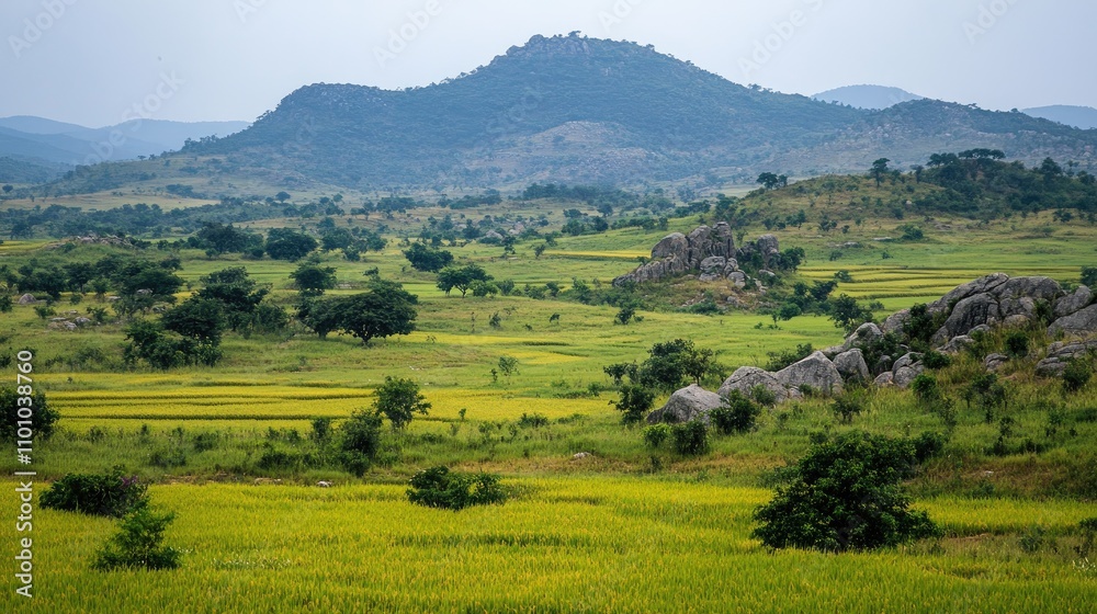 Obraz premium Lush green rice fields in the foreground with rolling hills and sparse trees under an overcast sky, creating a tranquil rural landscape.